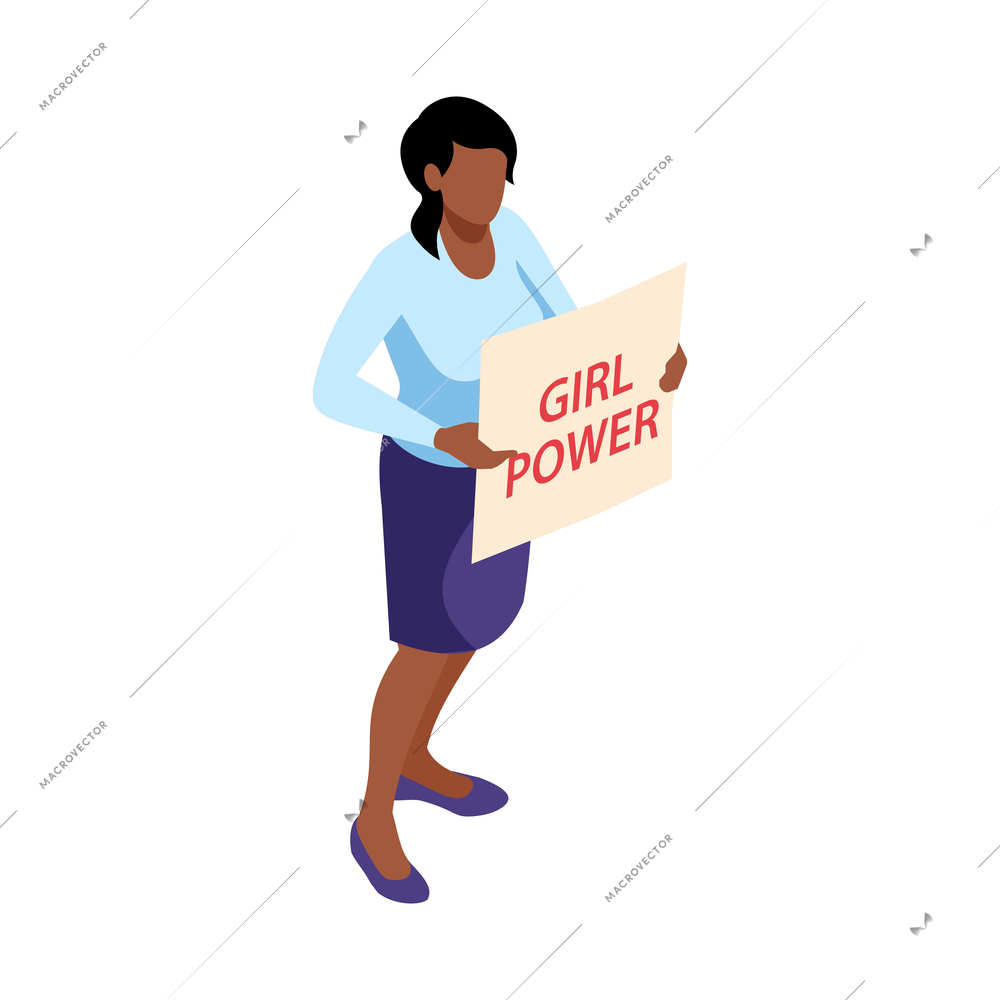 Isometric womens rights feminism gender equality composition with isolated human character of woman with placard vector illustration