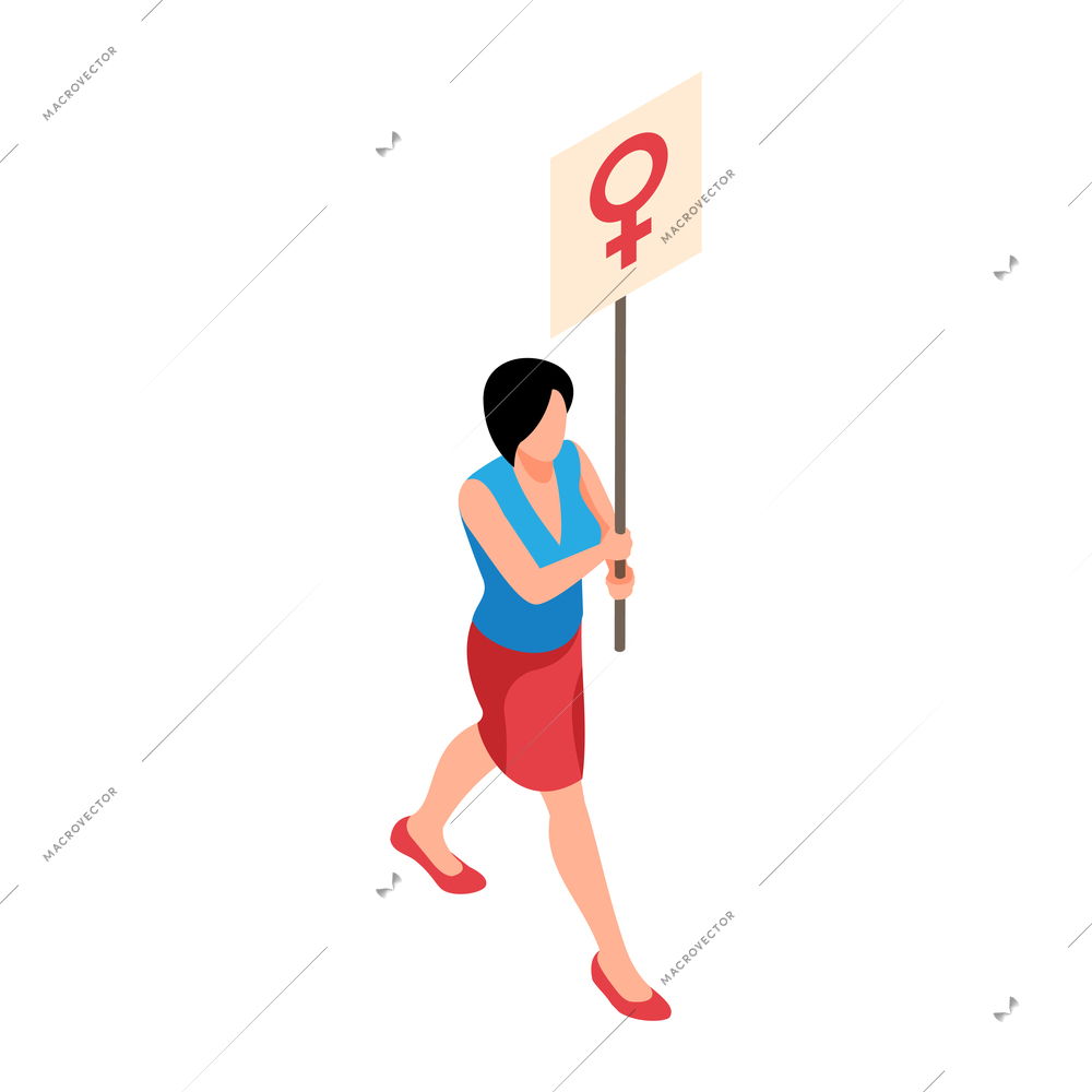 Isometric womens rights feminism gender equality composition with isolated human character of woman with placard vector illustration