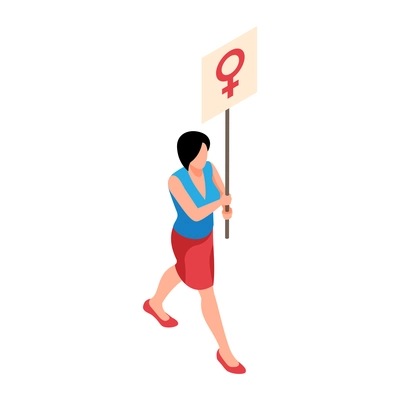 Isometric womens rights feminism gender equality composition with isolated human character of woman with placard vector illustration