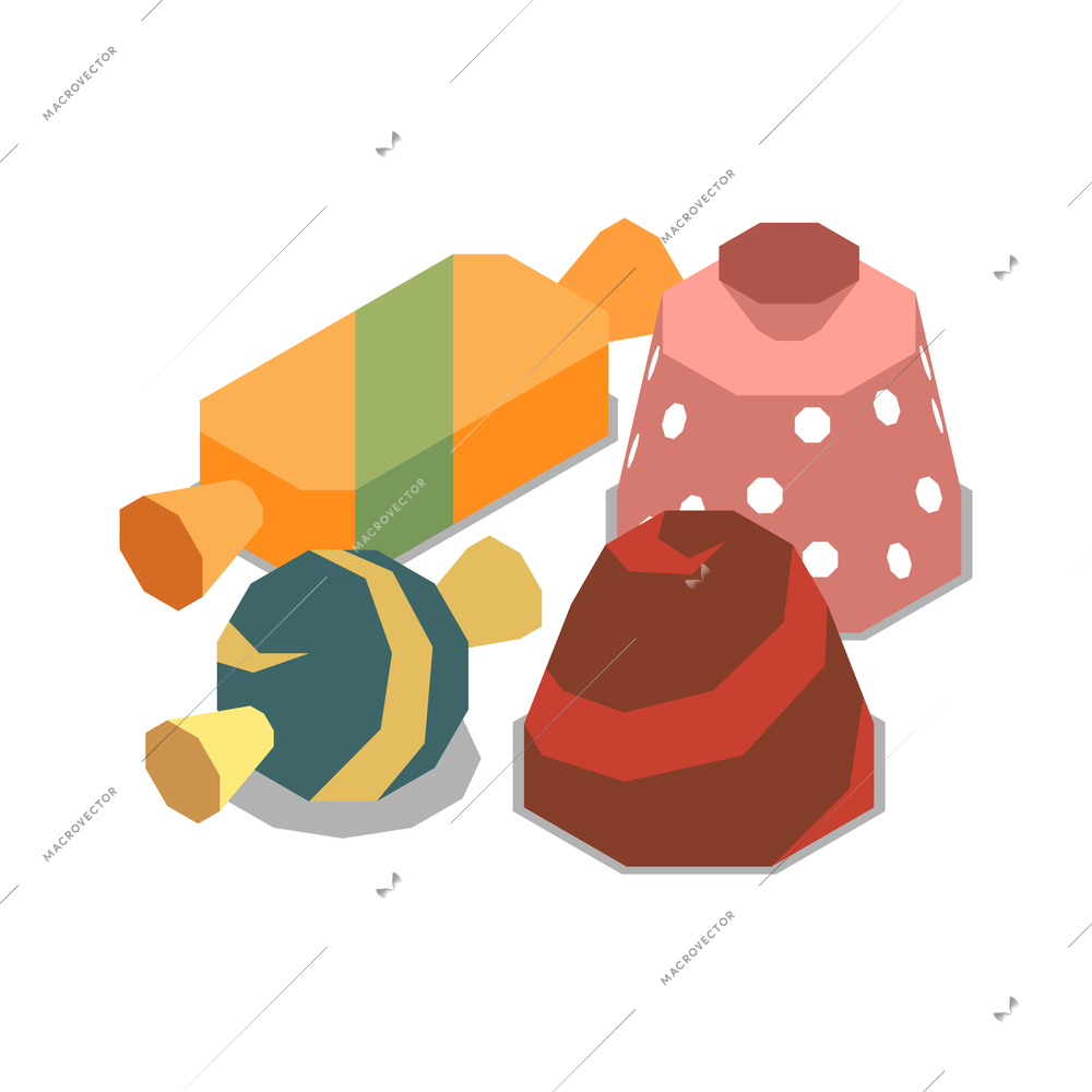 Chocolate production isometric composition with images of colorful chocolate candies vector illustration