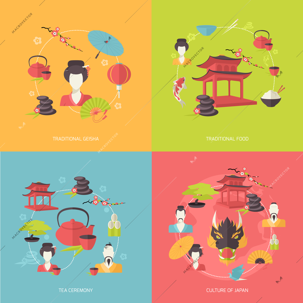 Japan travel icons flat set with traditional geisha food tea ceremony culture isolated vector illustration