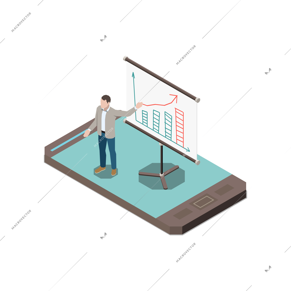 Online education isometric concept icons composition with isolated image of gadget with teacher and graphs on touchscreen vector illustration