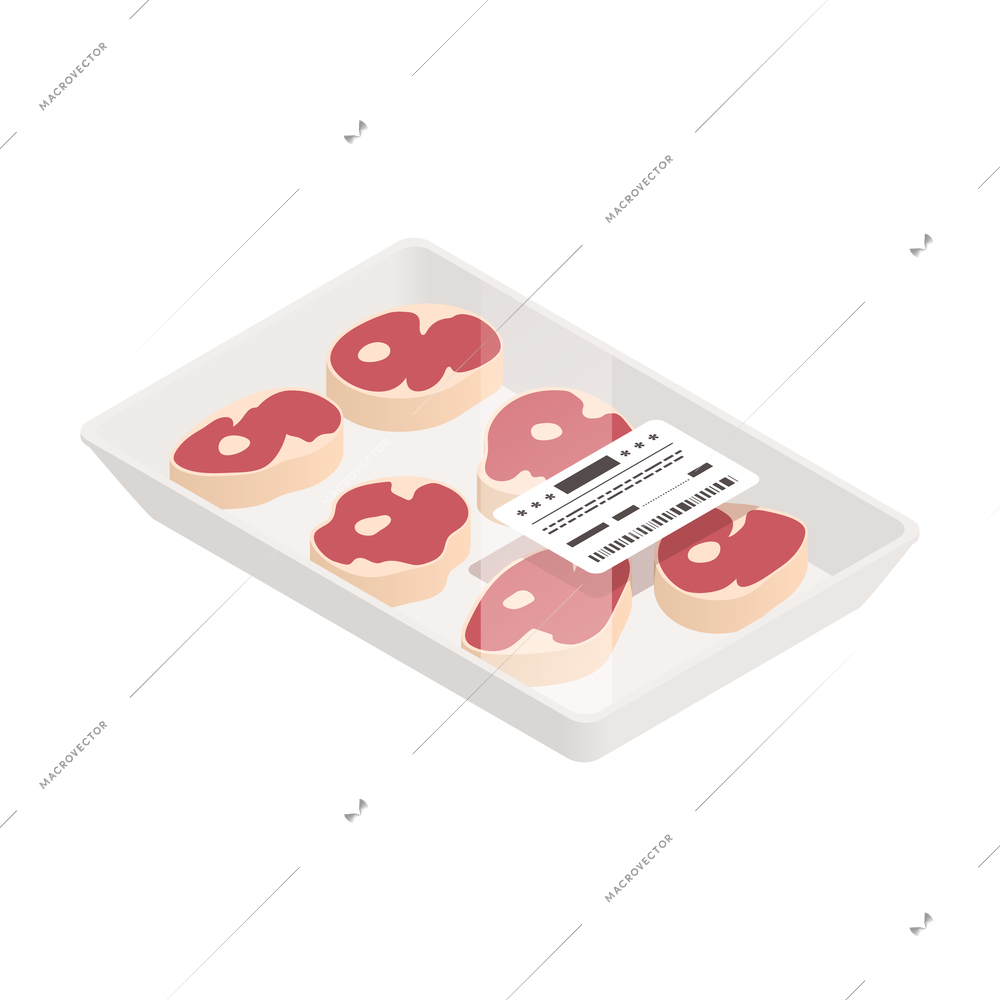 Butcher isometric composition with isolated pack of butcher steaks with barcode sticker vector illustration