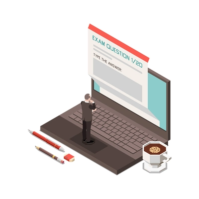 Online education isometric concept icons composition with isolated image of man solving exam in laptop vector illustration