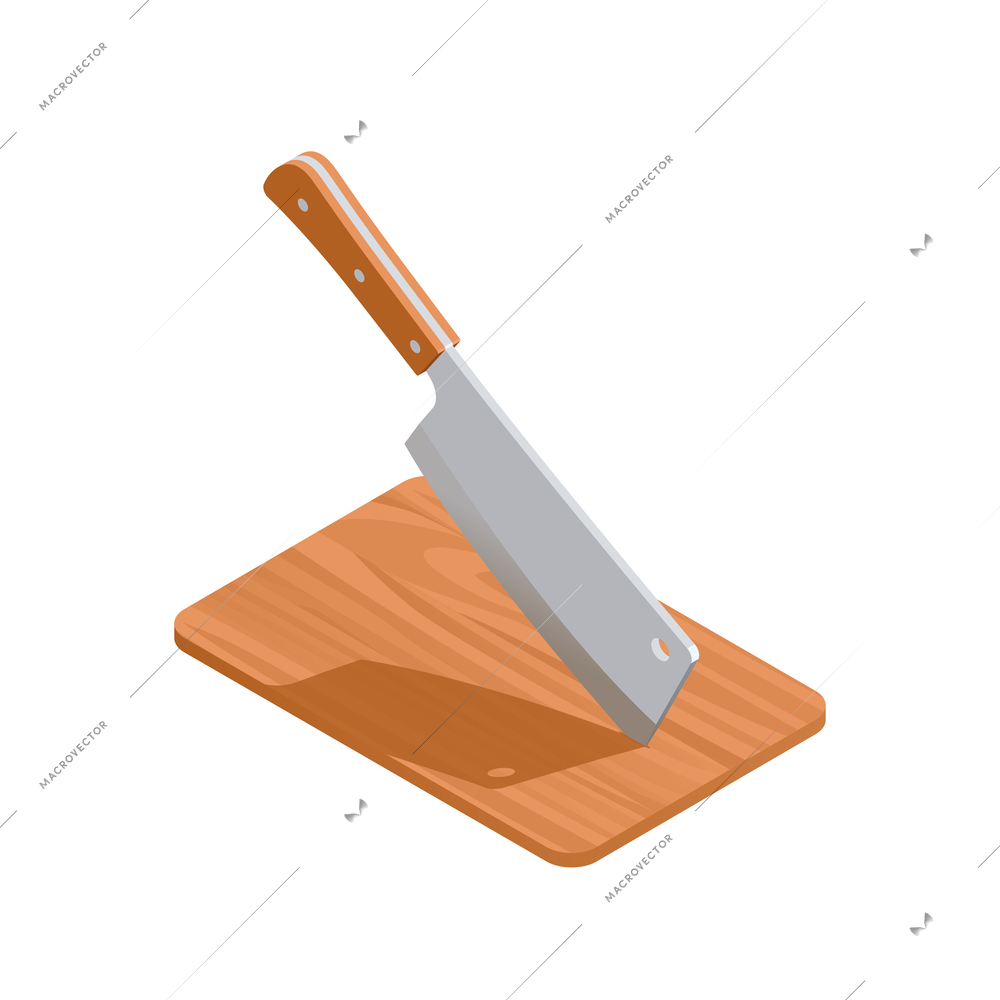 Butcher isometric composition with isolated image of wooden board with knife vector illustration