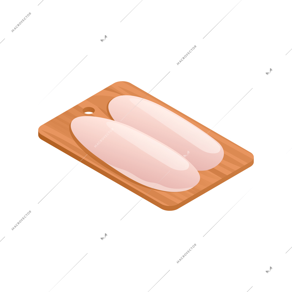 Butcher isometric composition with two pieces of meat fillet lying on wooden board vector illustration