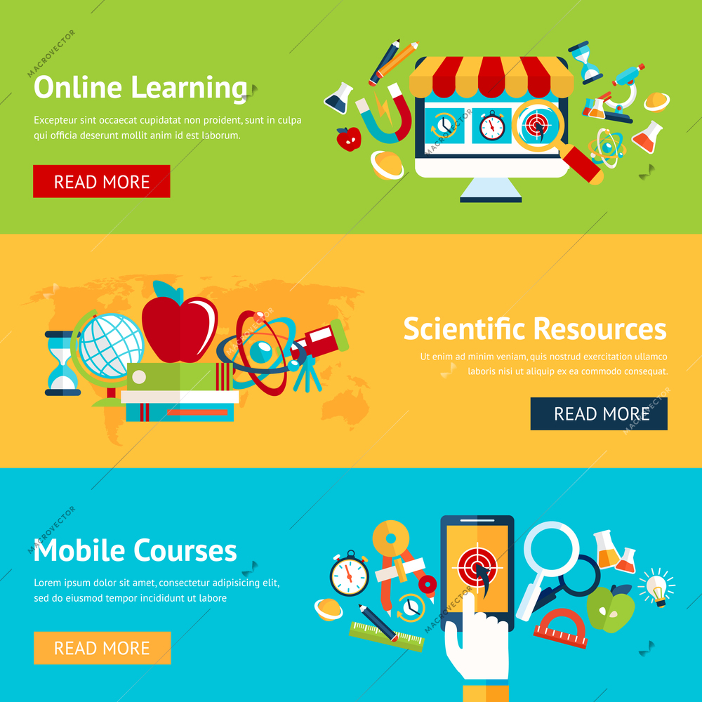 Science flat banner set with online learning scientific resources mobile courses isolated vector illustration