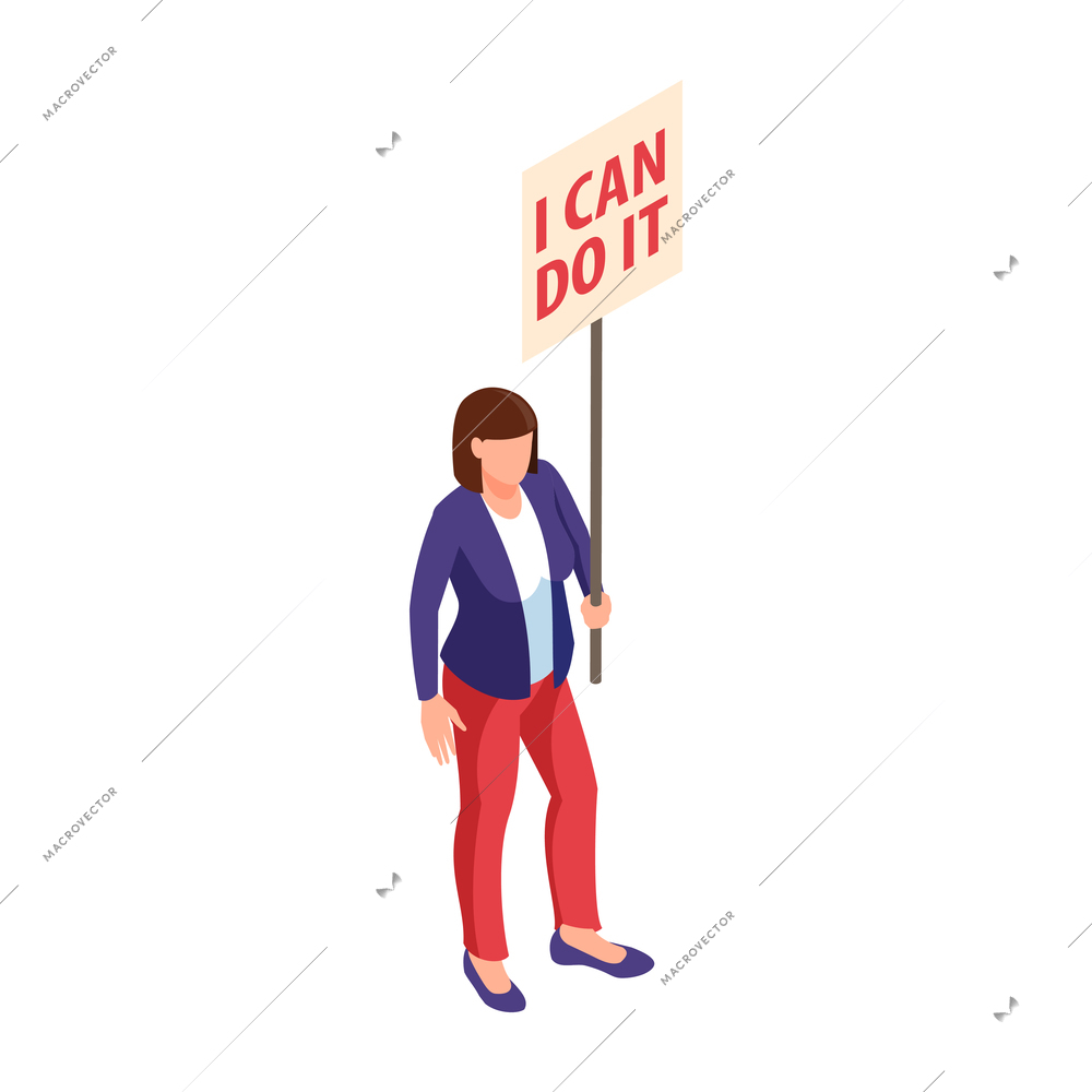 Isometric womens rights feminism gender equality composition with isolated human character of woman with placard vector illustration