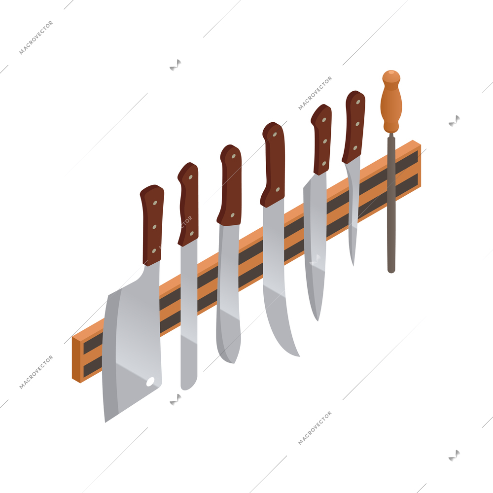 Butcher isometric composition with isolated image of magnetic rail holder with range of different knives vector illustration