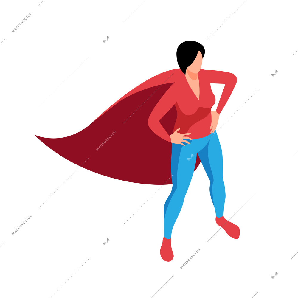 Isometric womens rights feminism gender equality composition with isolated human character of woman in superhero suit vector illustration