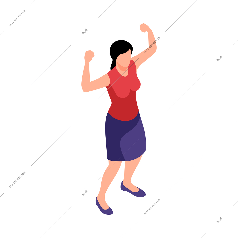 Isometric womens rights feminism gender equality composition with isolated human character of woman showing muscles vector illustration