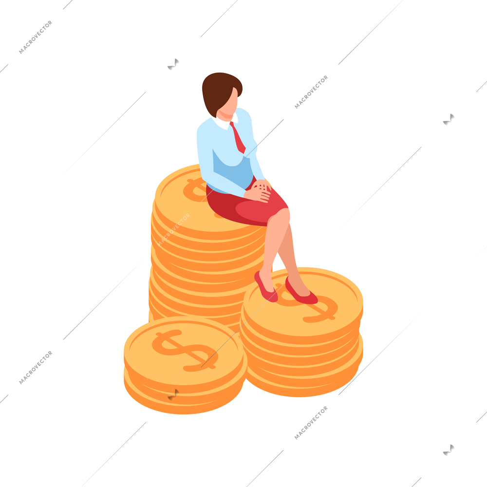 Isometric womens rights feminism gender equality composition with isolated female character sitting on piles of coins vector illustration