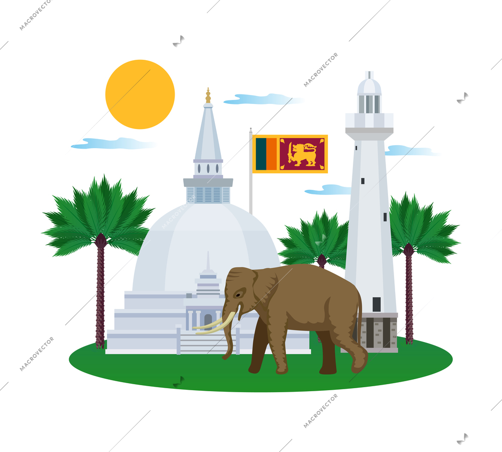 Sri lanka tourism composition with view of ancient temple buildings with trees flag and walking elephant vector illustration