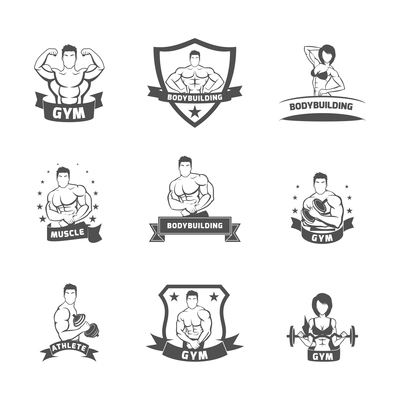 Bodybuilding fitness gym muscle athlete label black set isolated vector illustration