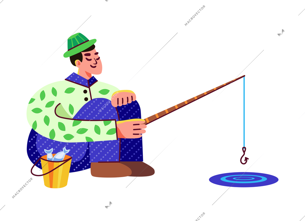 Hobbies leisure activity pastime people composition with character of man during fishing vector illustration