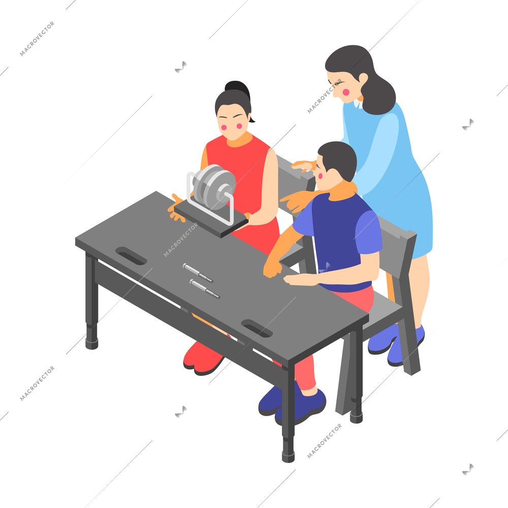 Children technical training centers  isometric compositions set with robotic control systems programming science classes isolated vector illustration