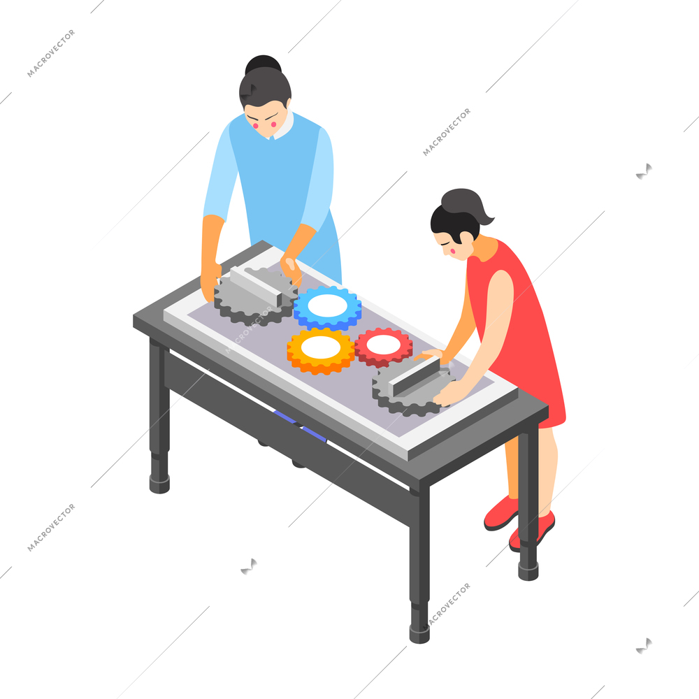 Children technical training centers  isometric compositions set with robotic control systems programming science classes isolated vector illustration