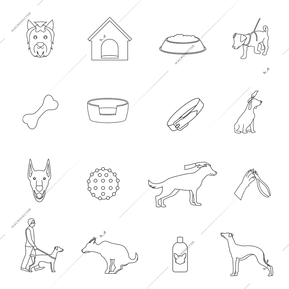 Dog animals icons outline set with bone collar house shampoo isolated vector illustration