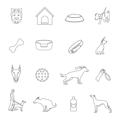 Dog animals icons outline set with bone collar house shampoo isolated vector illustration