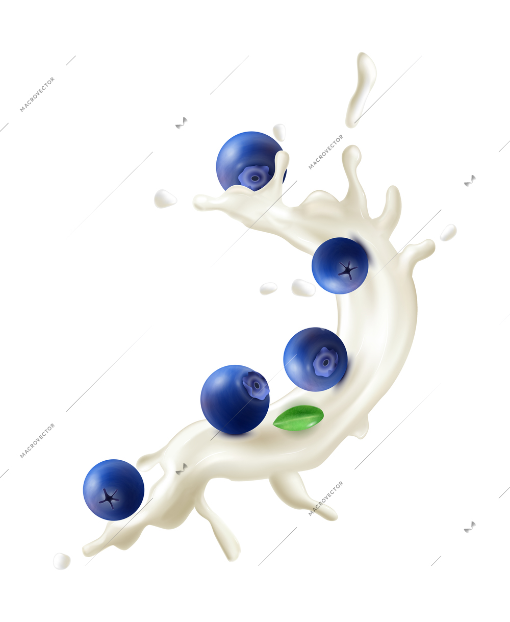 Realistic milk yogurt berries composition with splashes of white liquid and ripe blueberry vector illustration