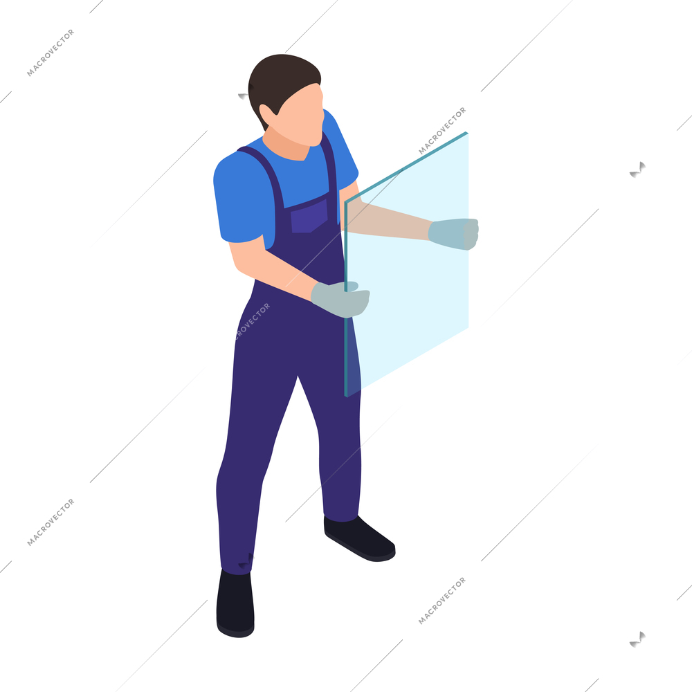 Glass production isometric composition with isolated character of worker in gloves holding piece of glass vector illustration