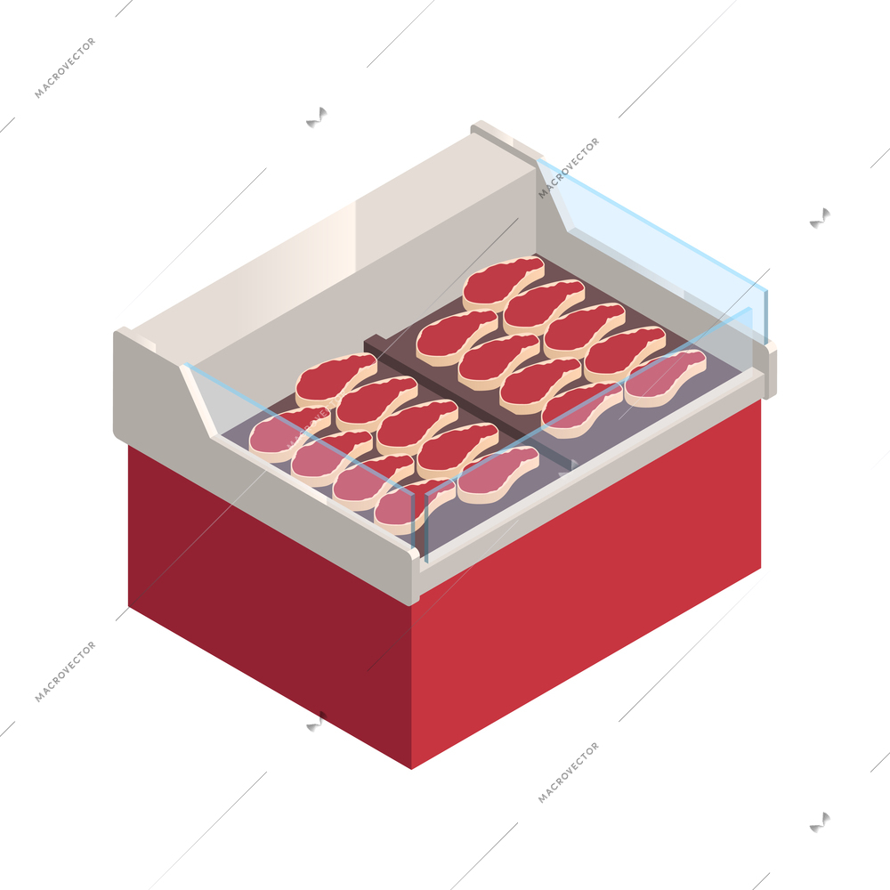 Butcher isometric composition with isolated image of cabinet with steaks of ripe meat vector illustration