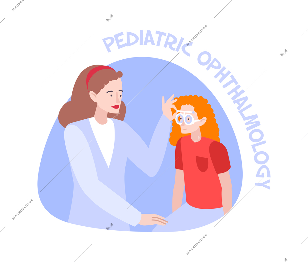 Ophthalmology vision flat composition with text and human characters of patient and doctor vector illustration