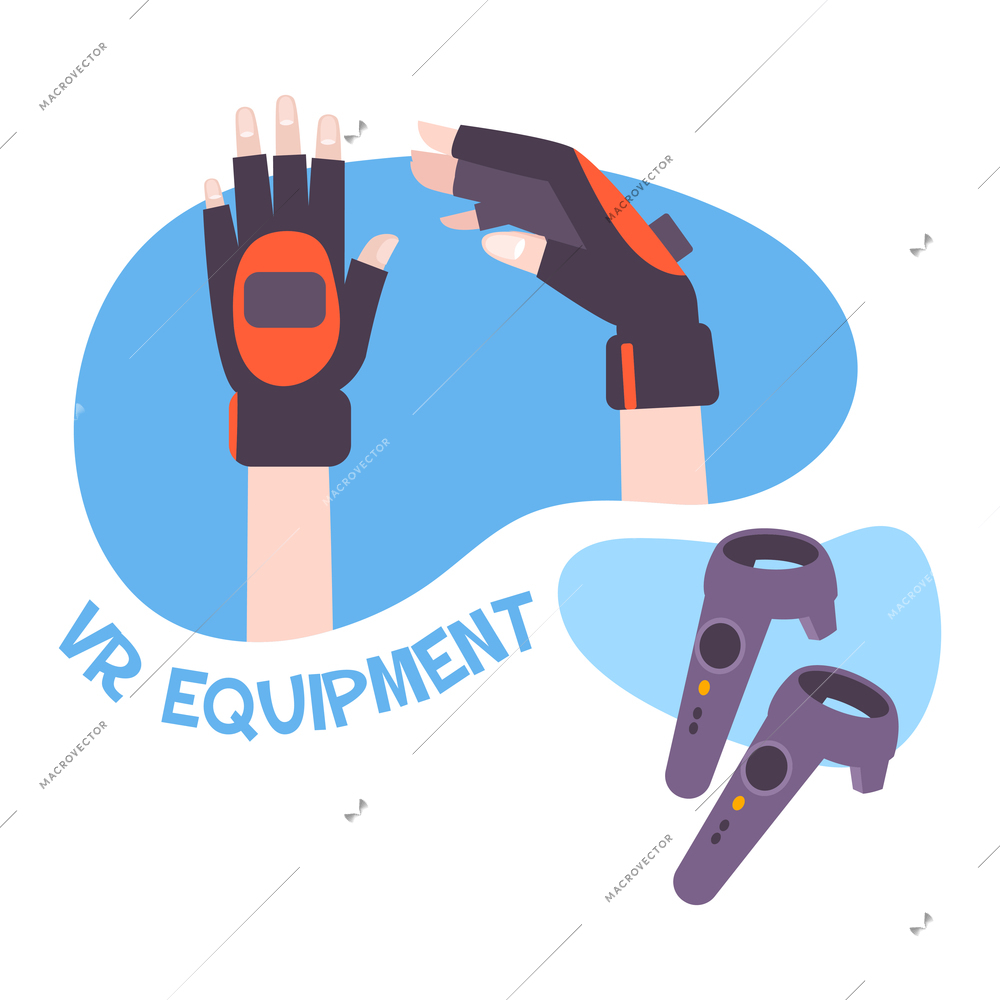 Vr game flat composition with text and images of wearable gloves and joysticks vector illustration