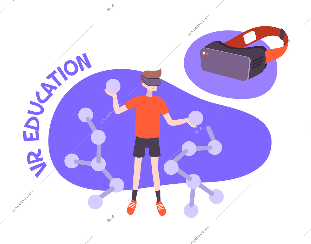 Vr game flat composition with text and images of vr helmet with boy and molecule models vector illustration