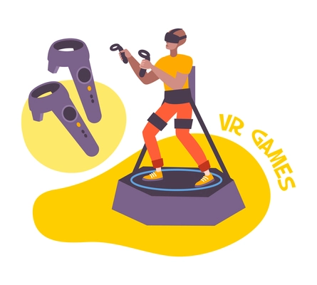 Vr game flat composition with text and character of player on pedestal with joysticks vector illustration