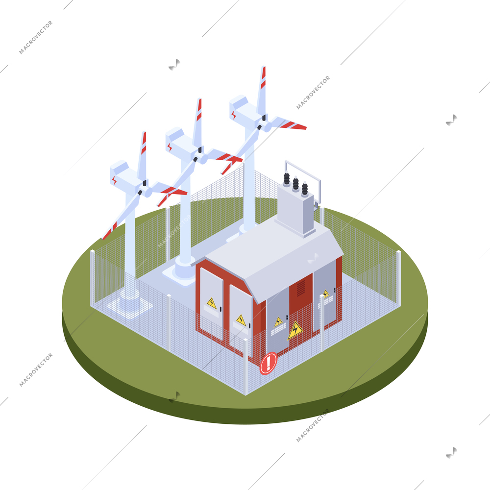 Electricity isometric icons composition with isolated image of wind turbine mill with transformer building vector illustration