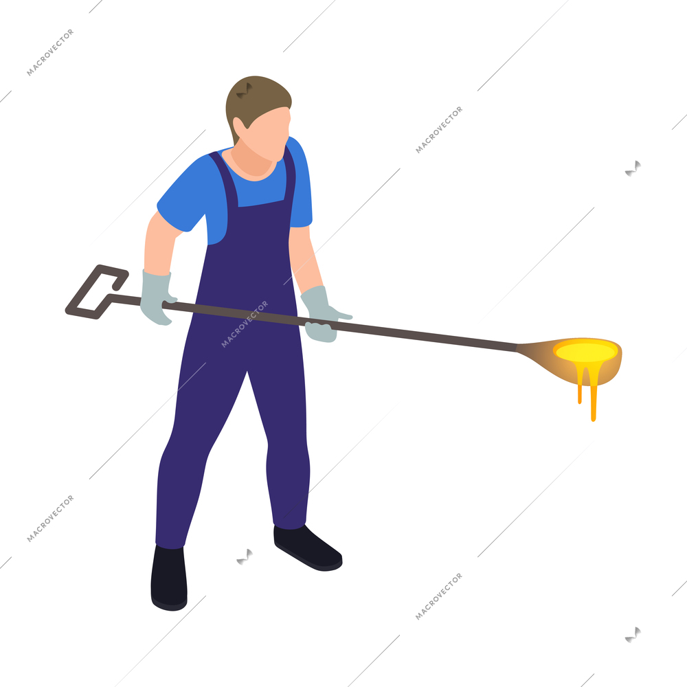 Glass production isometric composition with isolated character of worker in uniform holding spoon vector illustration