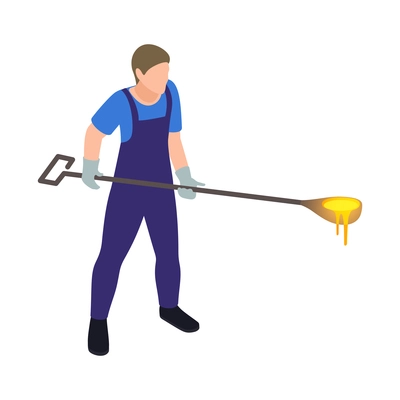 Glass production isometric composition with isolated character of worker in uniform holding spoon vector illustration
