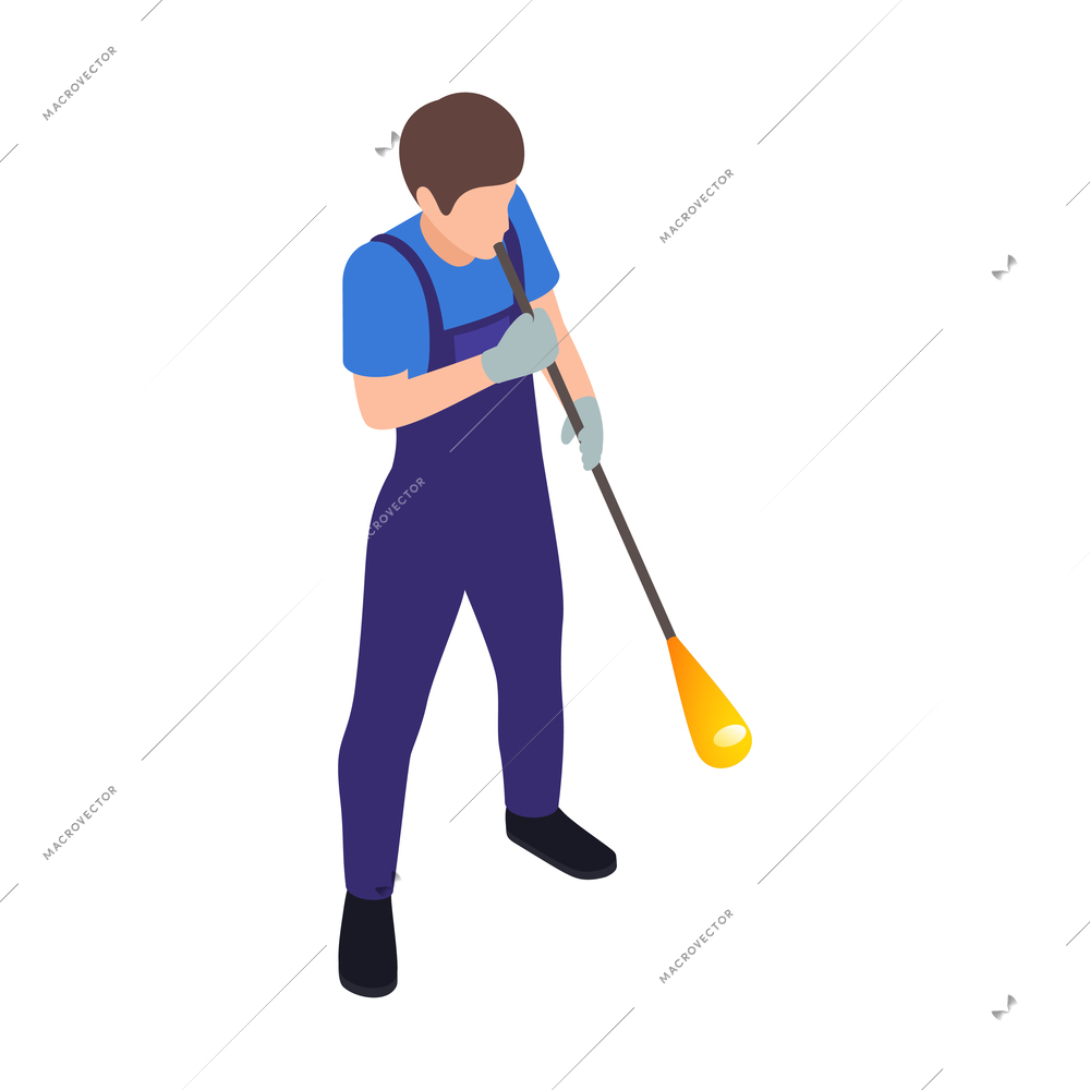 Glass production isometric composition with isolated character of glass factory worker holding spoon vector illustration