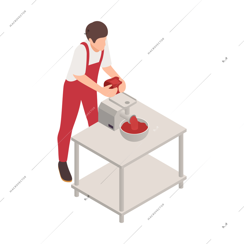 Butcher isometric composition with isolated character of butcher putting meat into mincing machine vector illustration