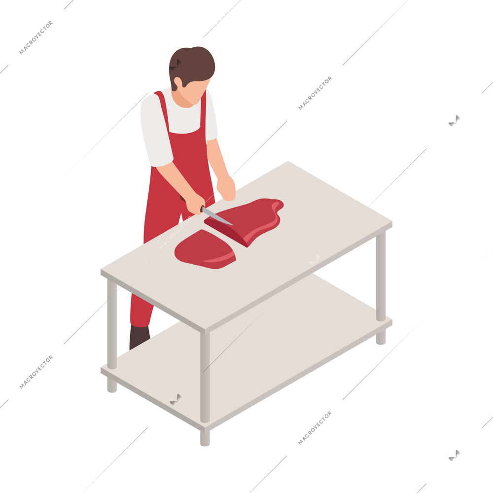 Butcher isometric composition with character of male butcher with knife cutting piece of meat on table vector illustration