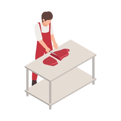 Butcher isometric composition with character of male butcher with knife cutting piece of meat on table vector illustration