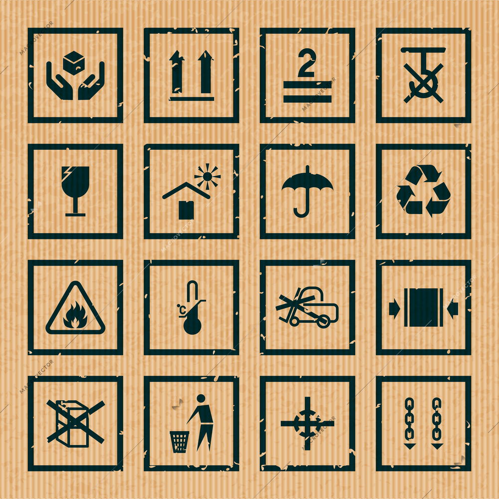 Handling and packing symbols black cardboard icons set isolated vector illustration