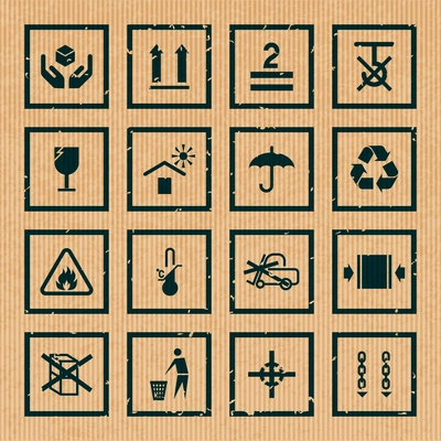 Handling and packing symbols black cardboard icons set isolated vector illustration