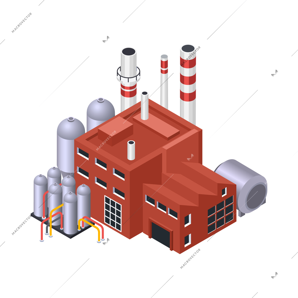 Electricity isometric icons composition with isolated image of factory area with buildings vector illustration