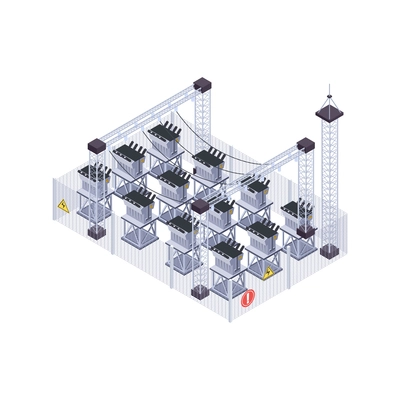 Electricity isometric icons composition with isolated image of electric power transformers system with towers vector illustration