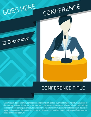 Public speaking person politician business speaker with paper and microphone conference announcement template vector illustration.