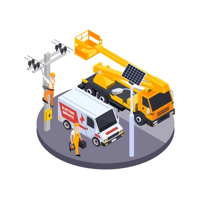Electricity isometric icons composition with view of working electricians brigade with poles and crane truck vector illustration