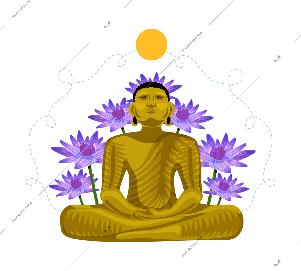 Sri lanka tourism composition with image of big statue of buddha surrounded by purple flowers and sun vector illustration