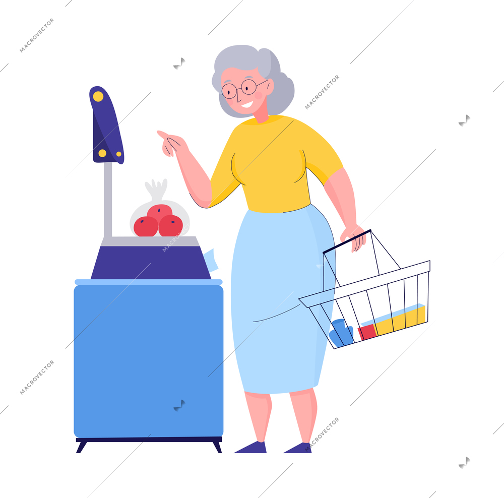 Supermarket composition with flat doodle style character of elderly woman weighing apples vector illustration