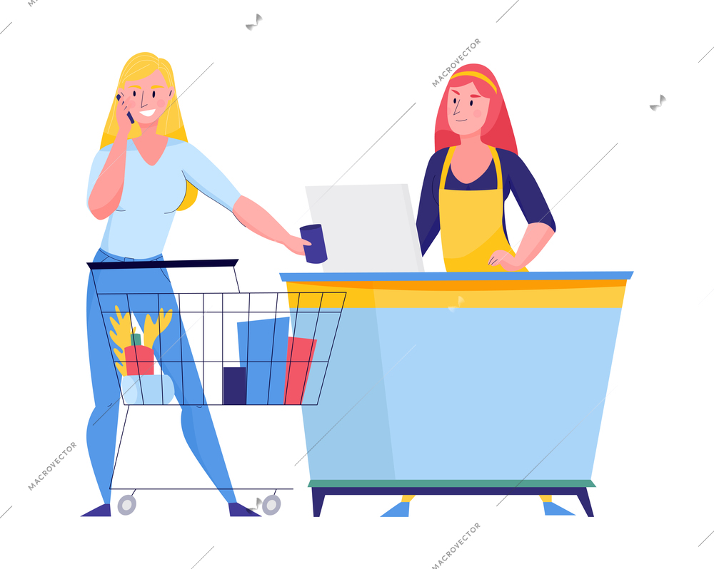 Supermarket composition with flat doodle style character of female customer with trolley cart and cashier vector illustration