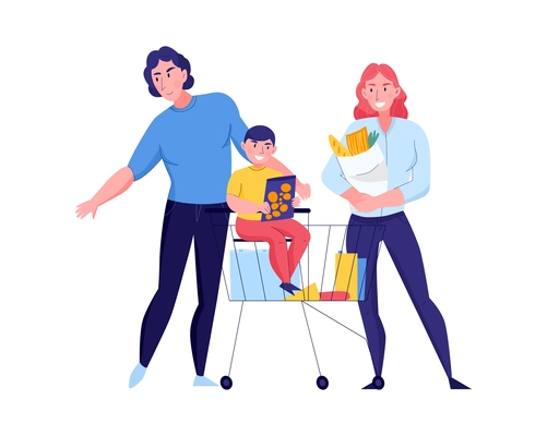 Supermarket composition with flat doodle style characters of parents and child with products in trolley carts vector illustration
