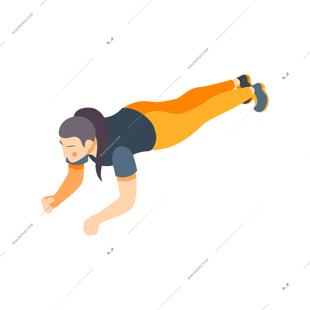 Cardio activity isometric composition with isolated human character of woman performing push ups vector illustration