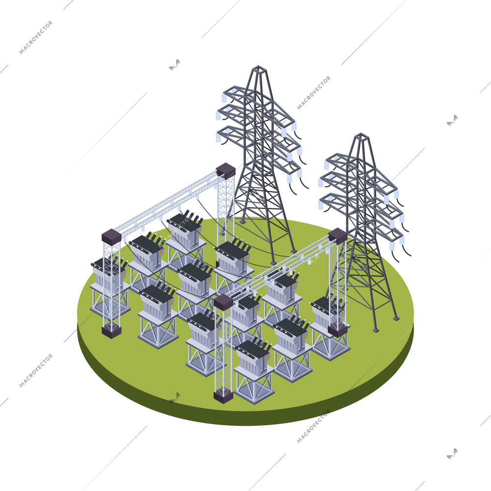 Electricity isometric icons composition with images of power transmission line poles vector illustration