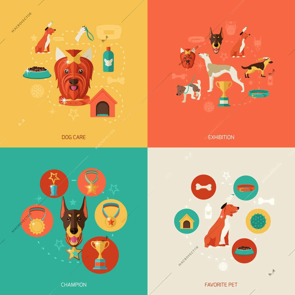 Dog icons flat set with dog care exhibition champion favorite pet isolated vector illustration